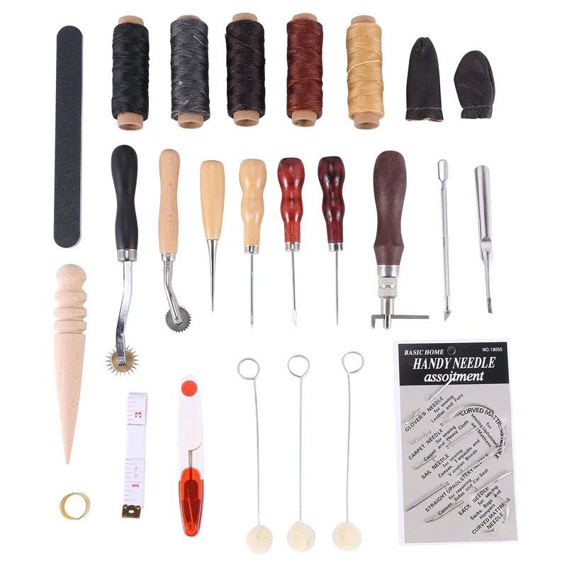 31 Pcs Leather Sewing Tools Diy Leather Craft Tools Hand Stitching Tool Set With Groover Awl Waxed Thread Thimble Kit