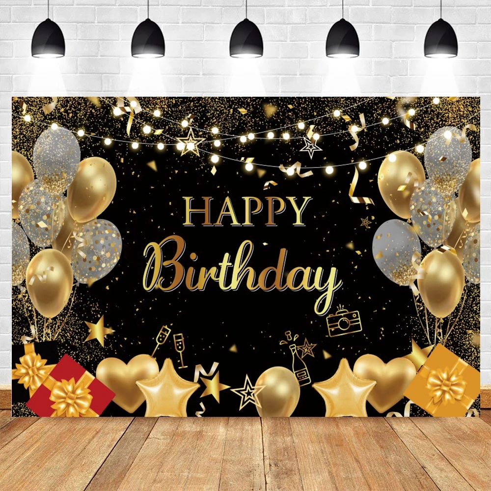 Gold Glitter Happy Birthday Party Backdrop For Photo Black Happy Birthday Adult Theme Party Decoration Supplies Backdrops
