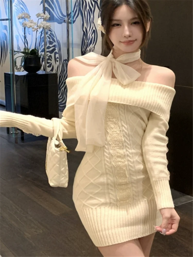 Korean Chic Fashion Bow Scarf Knit Dress Women Sexy Slash Neck Slim Mini Dress Long Sleeve Off Shoulder Bottoming Sweater Dress