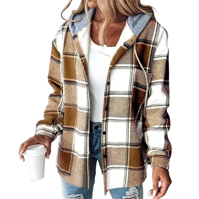 Damen-Hemd mit Karomuster, Button-Down-Langarmjacke, Fleece-gefütterter Kapuzenpullover, lässiges, trendiges Blusenoberteil