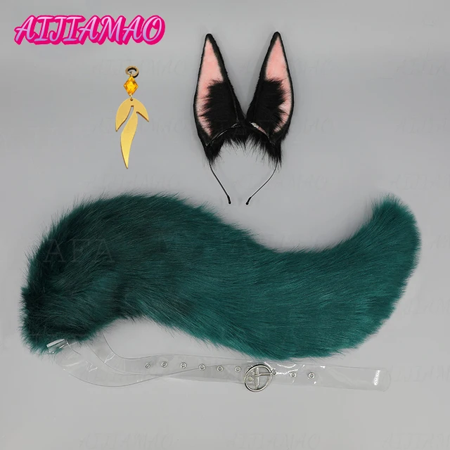 Tighnari Cosplay Wig Game Impact Sumeru Female Tighnari Wigs 80cm Wig Tail Heat Resistant Synthetic Wigs + Wig Cap