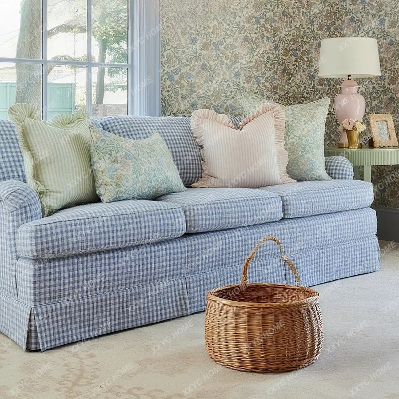 AA retro fabric sofa small apartment living room plaid sofa pastoral home