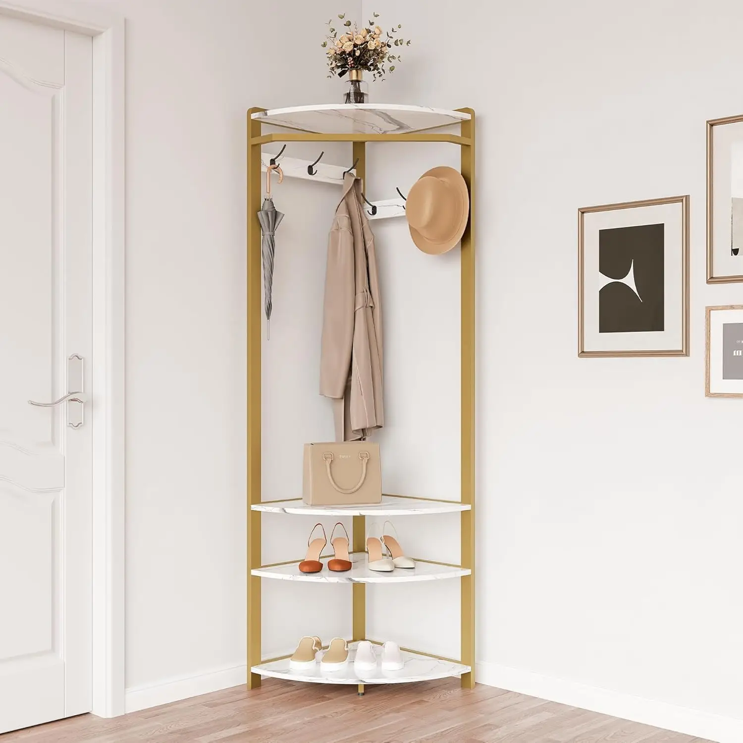 

Corner Coat Rack Stand Freestanding Hall Tree with 6 Hooks & 3 Shelves,Entryway Storage for Living Room Entryway