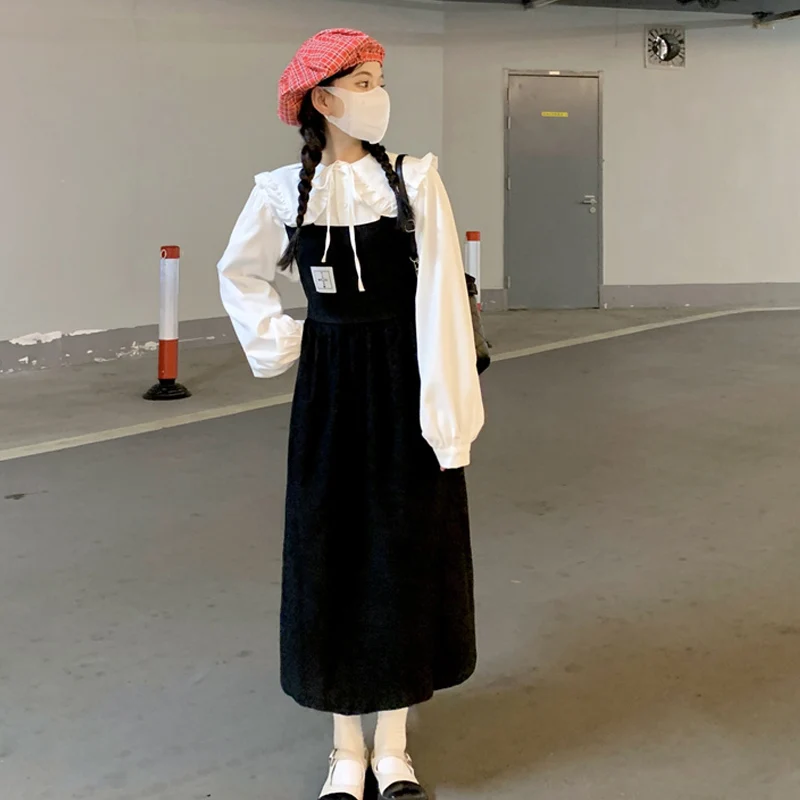 

Комплект из блузки и юбки больших размеров: весенняя мода, повседневный свободный крой, темно-синий воротник, скрывает недостатки фигуры, молодежный стиль, длинный рукав