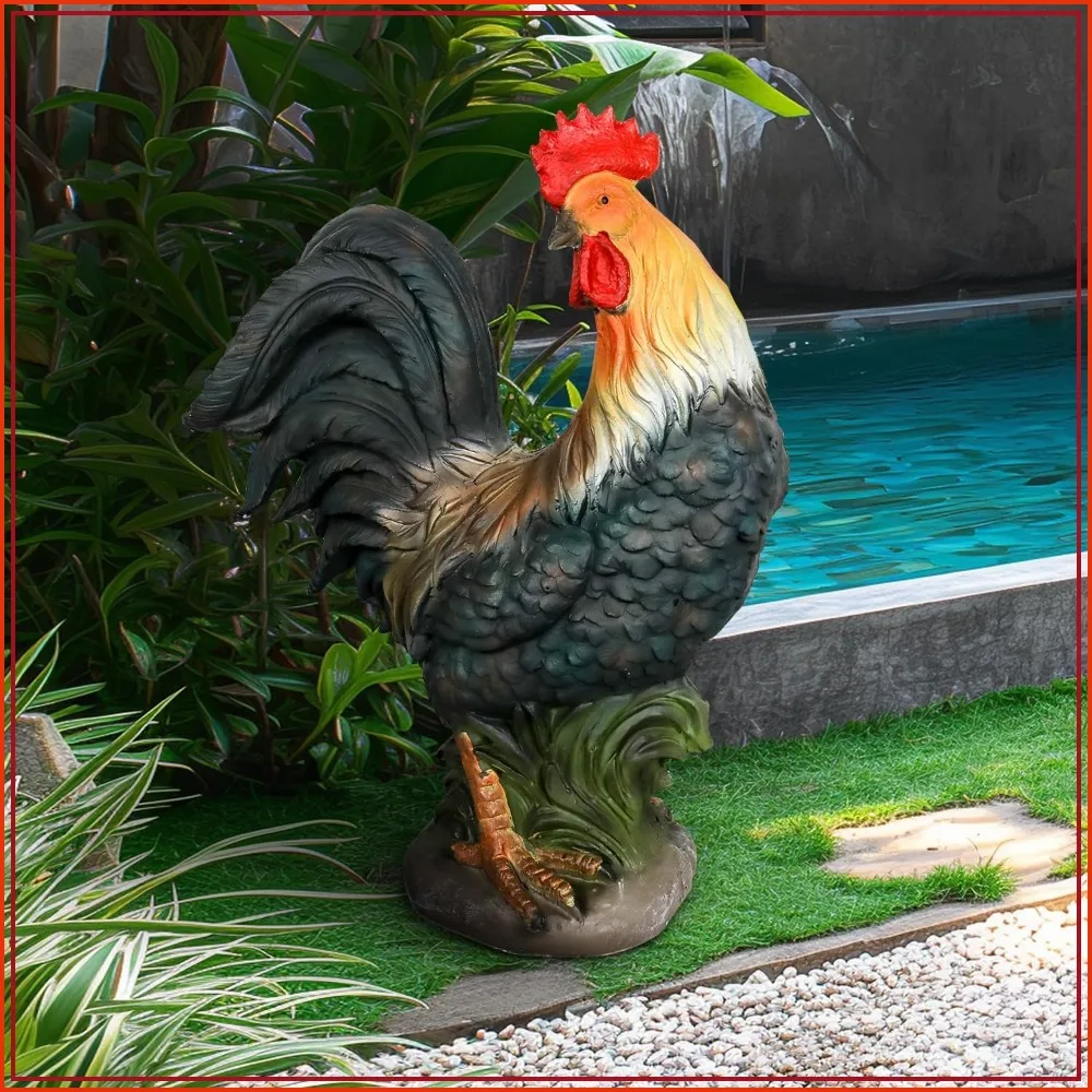 22.8in Rooster Statue Outdoor Garden Decor, Hand Painted Chicken Figurine Yard Patio