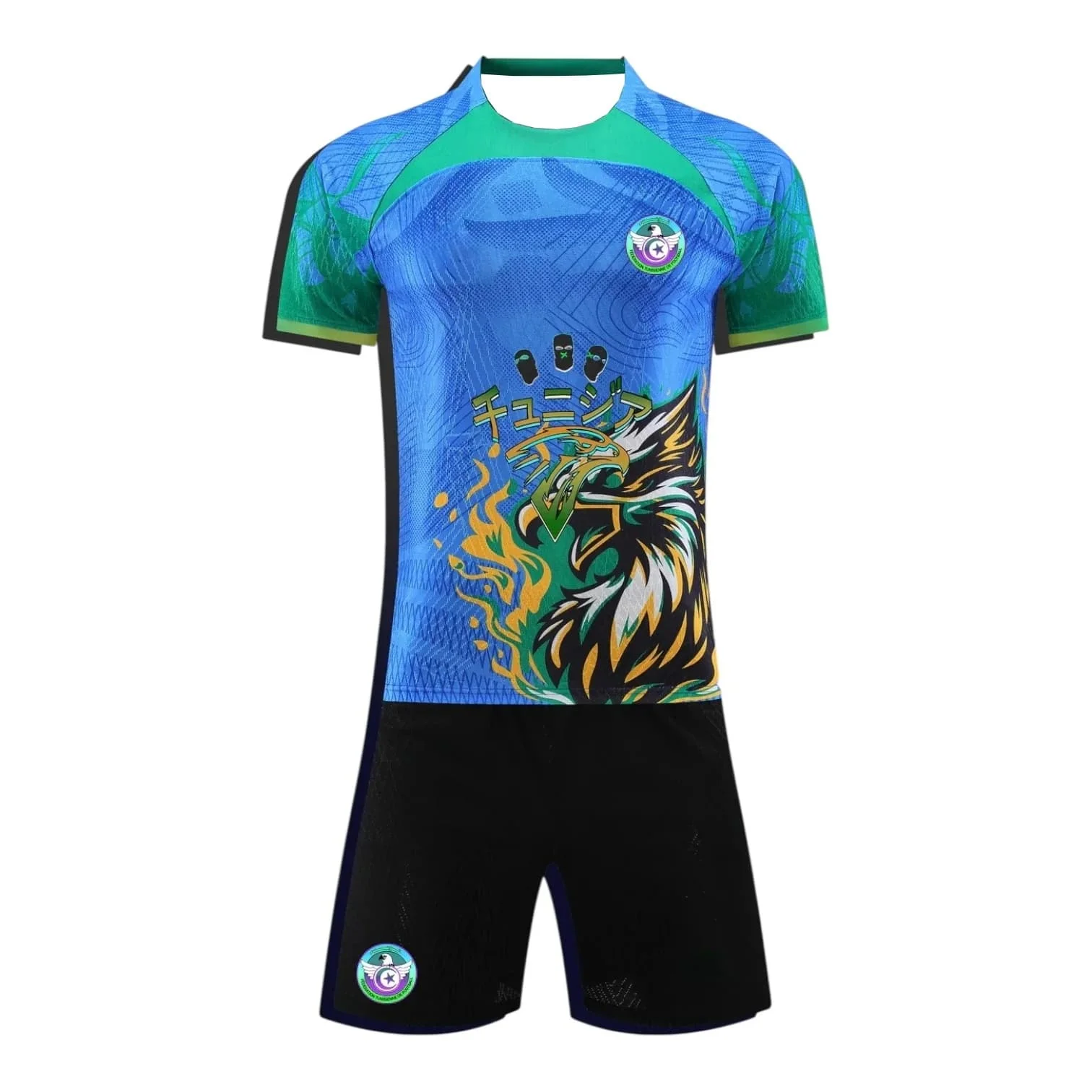 

Tunisia Eagle Graphic Soccer Jersey Set Blue Green Gradient Football Uniform with Shorts Breathable Sportswear Plus Size S-4XL