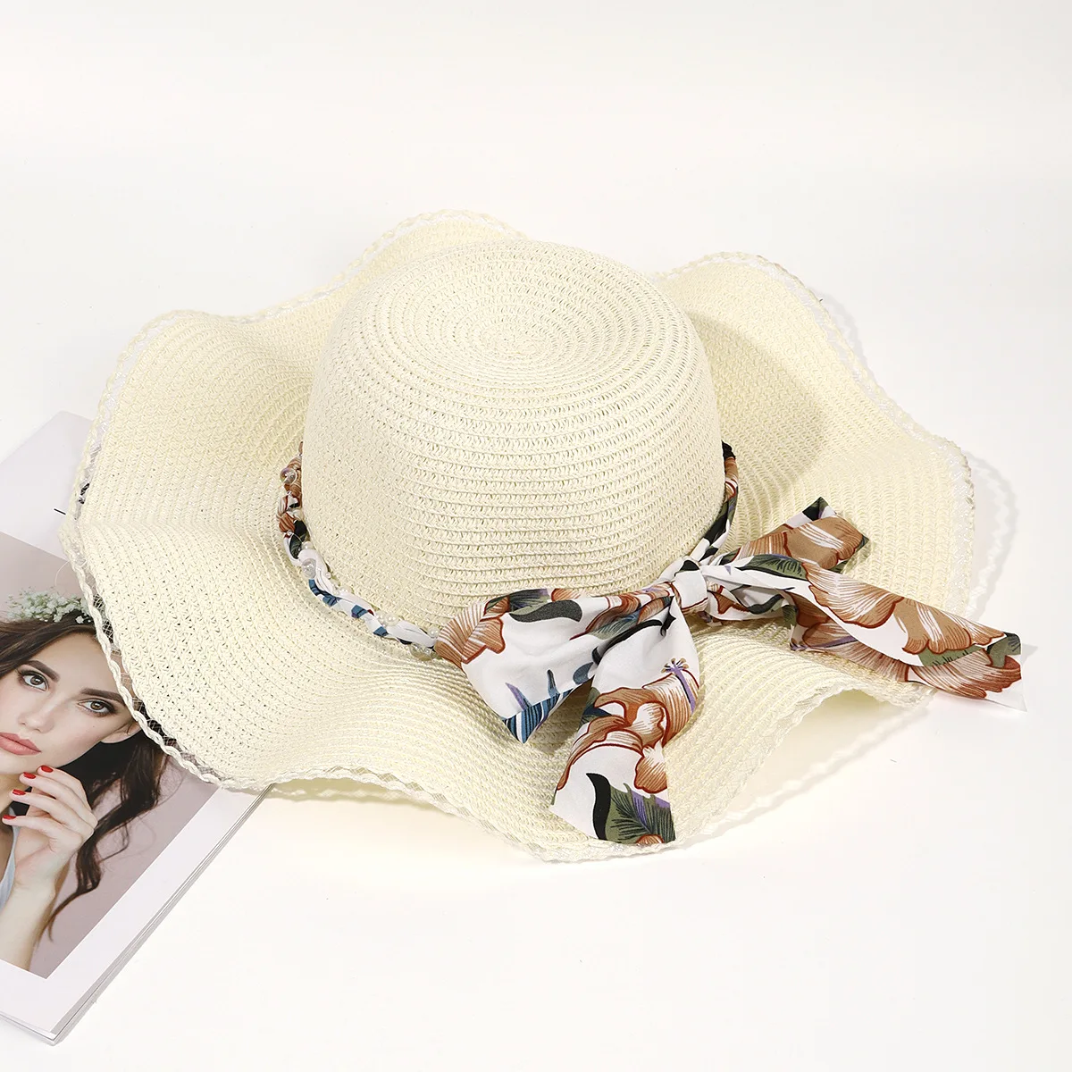 Pastoral Flower Bow Tie Ribbon Straw Hat Women's Spring And Summer Seaside Travel Sun Protection Big Brim Elegant Bucket Hat