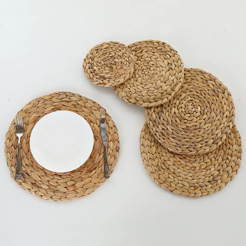 

4PC Woven water gourd grass placemat, wedding dining party table round mats heat insulation coaster kitchen decorate accessories