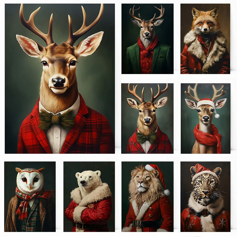 Weihnachten Scharpe Eule Löwe Eisbär Rentier Porträt Poster Druck Wandkunst Bilder Leinwandgemälde Wohnzimmer Heimdekoration Geschenk