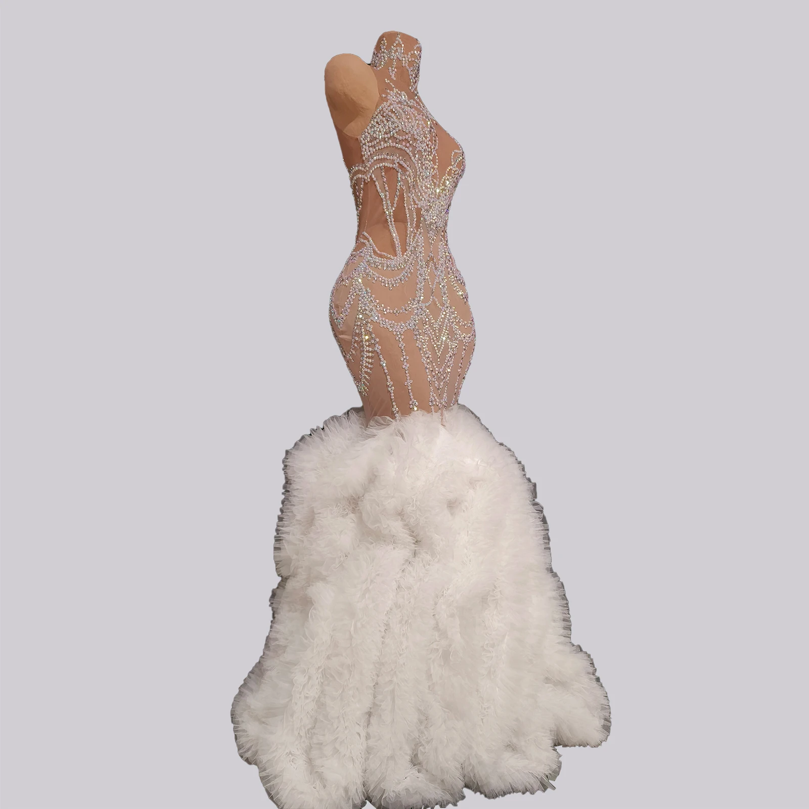 Glanzende witte strass doorzichtige lange jurk Drag Queen kleding avondfeest verjaardag zanger Gogo bal nachtclub bar vrouwelijk