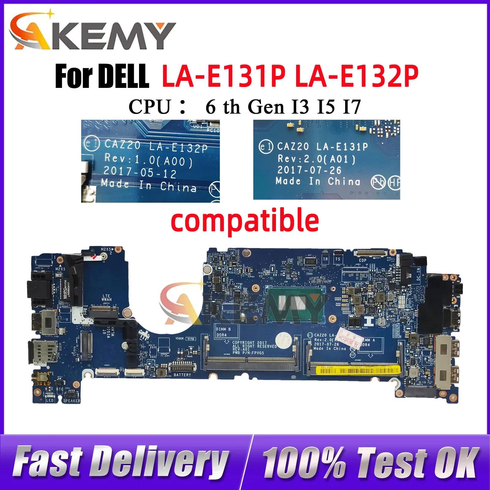 For Dell Latitude 7480 Laptop Motherboard LA-E131P LA-E132P with I3 I5 I7 6th/7th CPU 04GTKN 0N480V 0CXWHP 0F48ND Tested OK