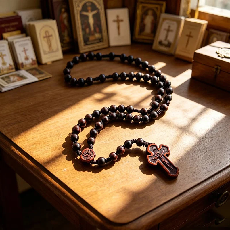 Vintage Dark Wood Catholic Rosary with Engraved Crucifix Prayer Beads Necklace for Christian Devotional Prayer Religious Gift
