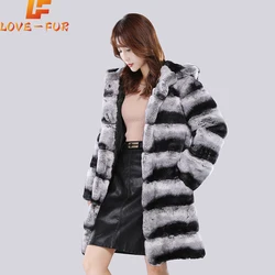 2024 Real Fur Coat With Hood Jacket Long Winter Coat Large Fur Hood Rex Rabbit Chinchilla Fur Hooded Jacket Women Real Fur Coat