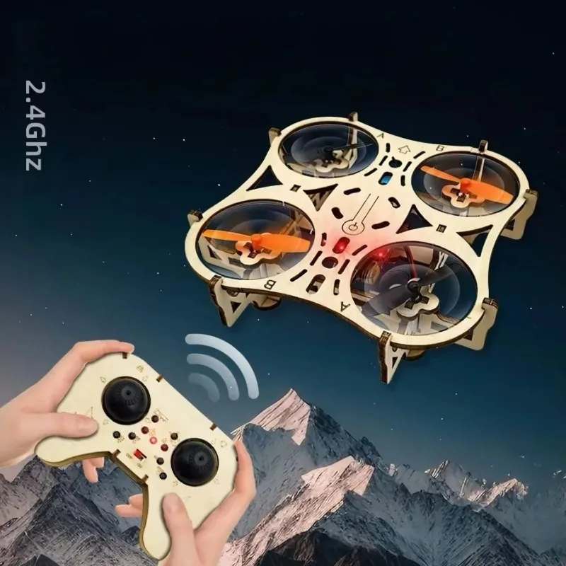 Wooden Quadcopter Drone Kit For Beginners With Remote Control Educational Compatible Stem Assembly Toy