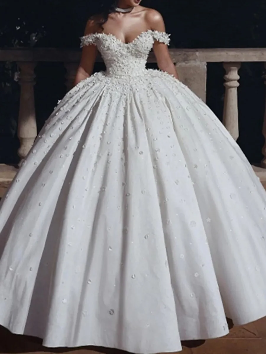 Exquisite Off the Shoulder Wedding Dress Applique Beading Bridal Floor Length Lace up Ball Gown Sexy V-Neck Dresses for Women