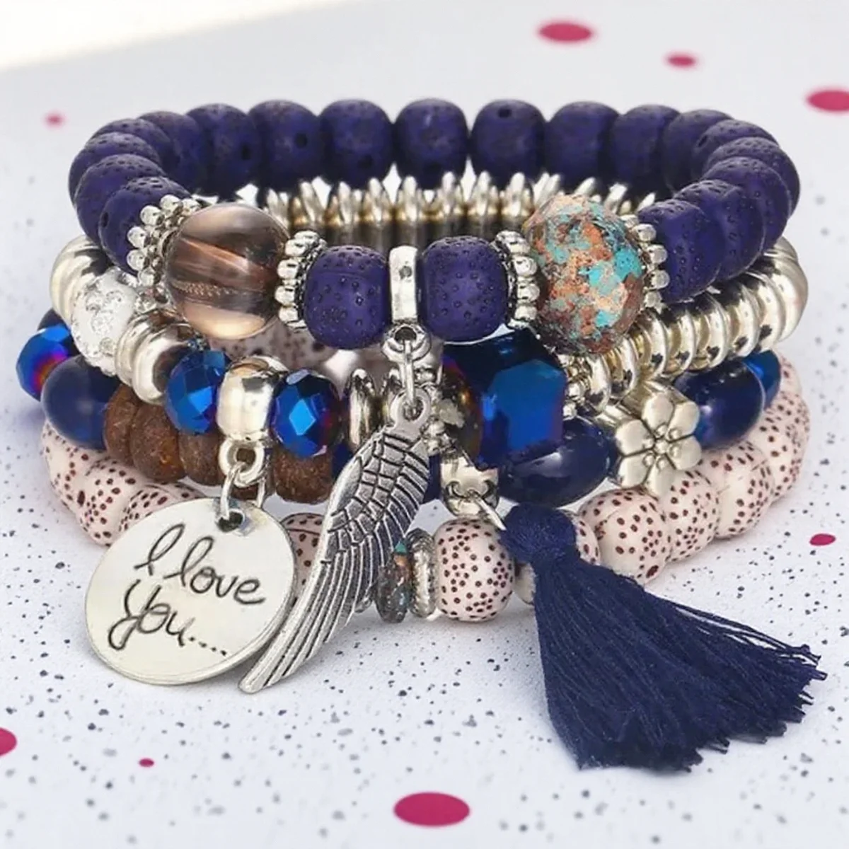 4Pcs Set Bohemian Multilayer Stretch Bead Stone Bracelets Fashion Love Tassel Charm Bracelet Women Jewelry