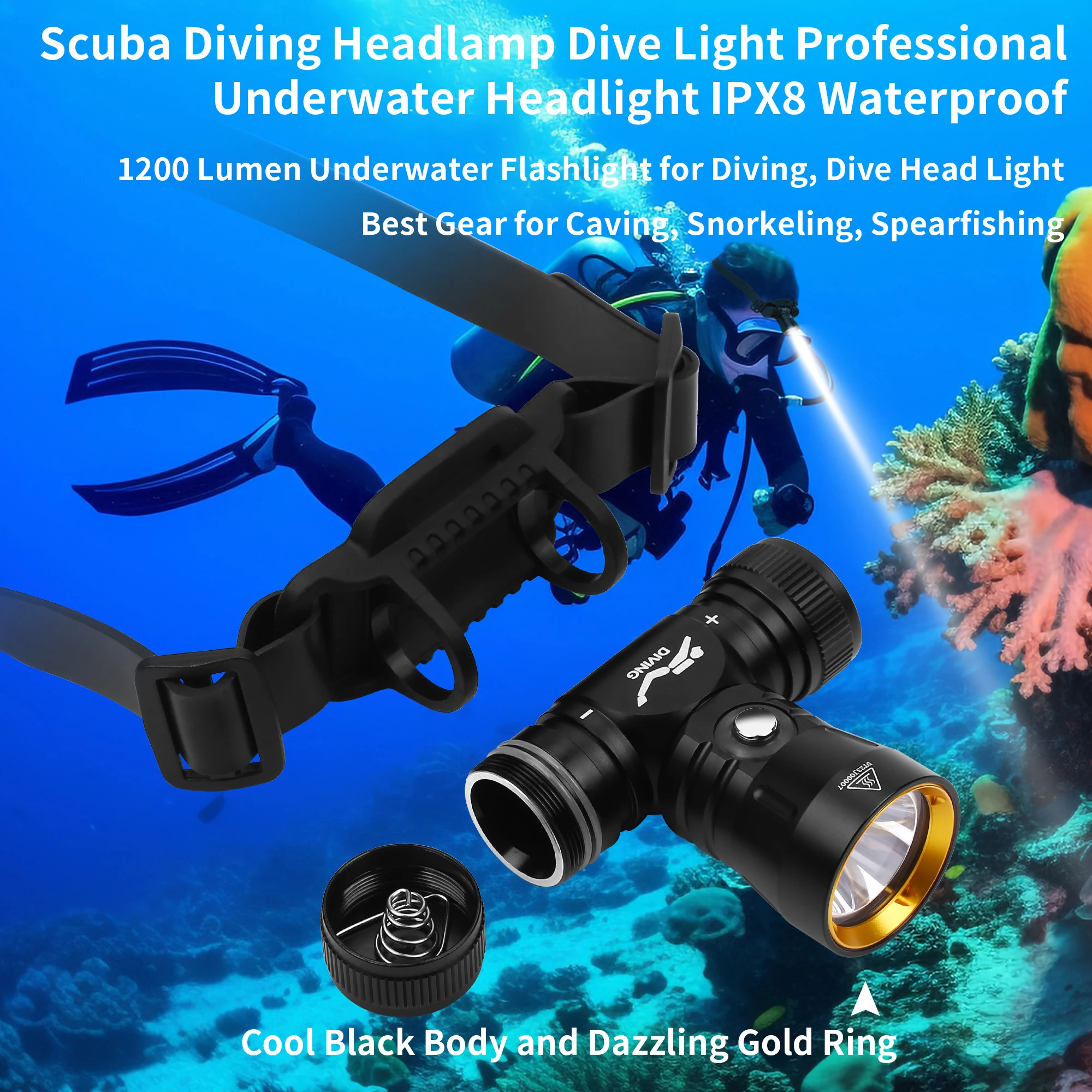 Asafee DH100 Diving Headlamp Underwater Hunting Torch Rechargeable Dive Head Lamp