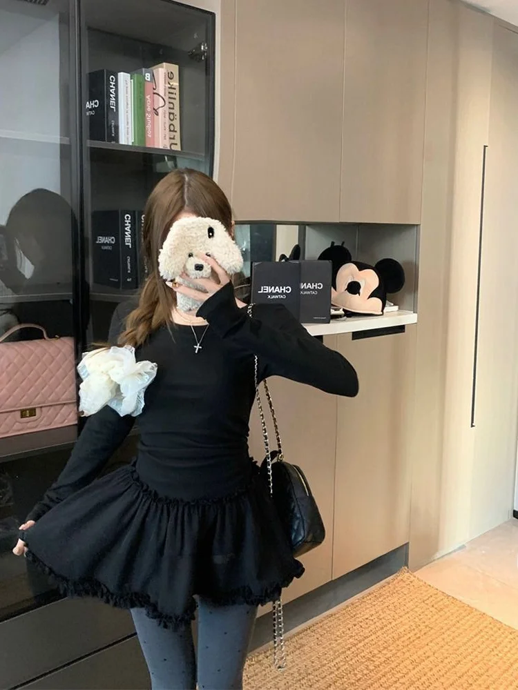 Korean Style Long Sleeve Ruffle Splicing Thickened Base Dress Autumn Winter Fashion Slimming Short Skirt Elastic Waist Design