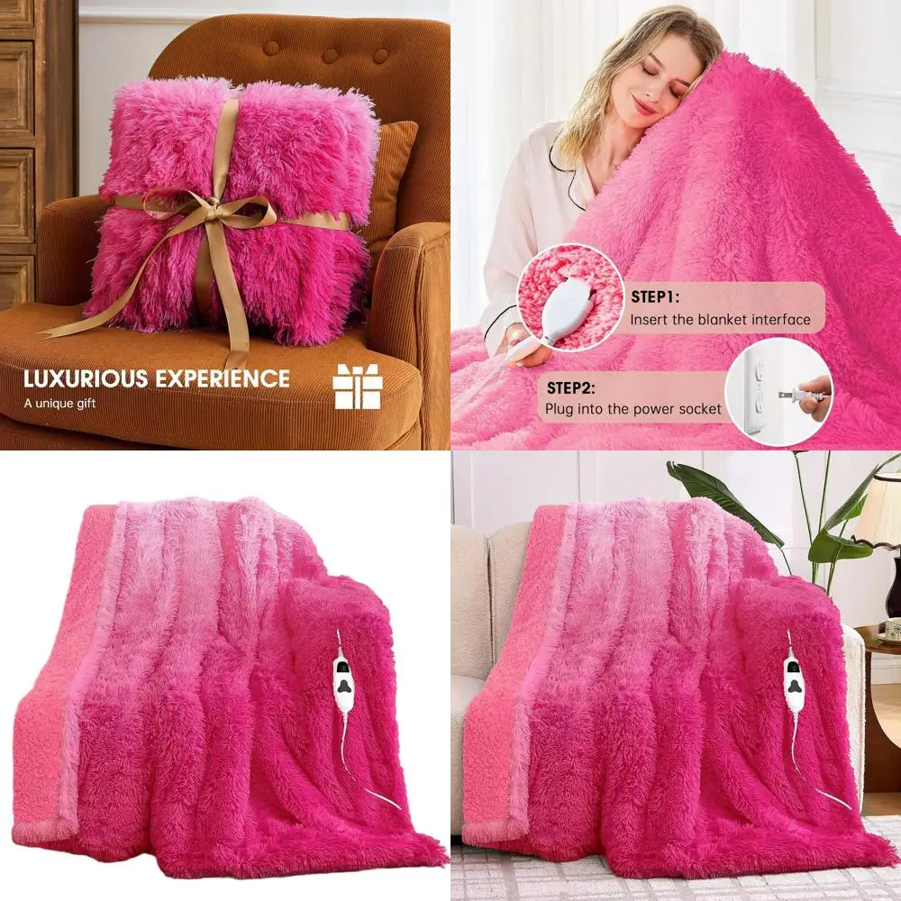 

Faux Fur Sherpa Electric Blanket with 10 Heat and 5 Time Settings - Rose Red, 50x60