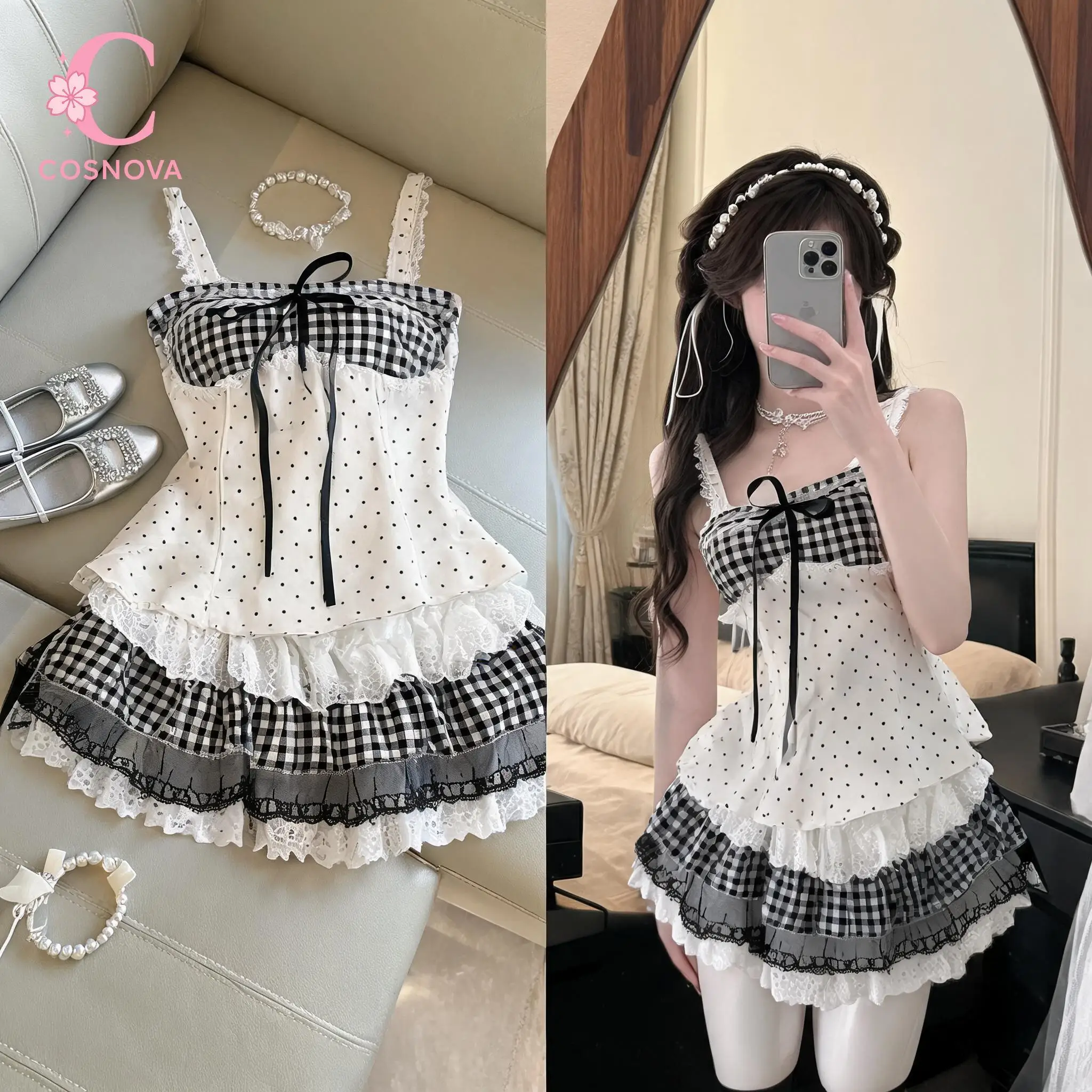 

Coquette Elegant Gingham Polka Dot 2 Piece Set Women Lace Trim Bow Spaghetti Strap Cami Ruffle Mini Skirt Slim Fit Partywear