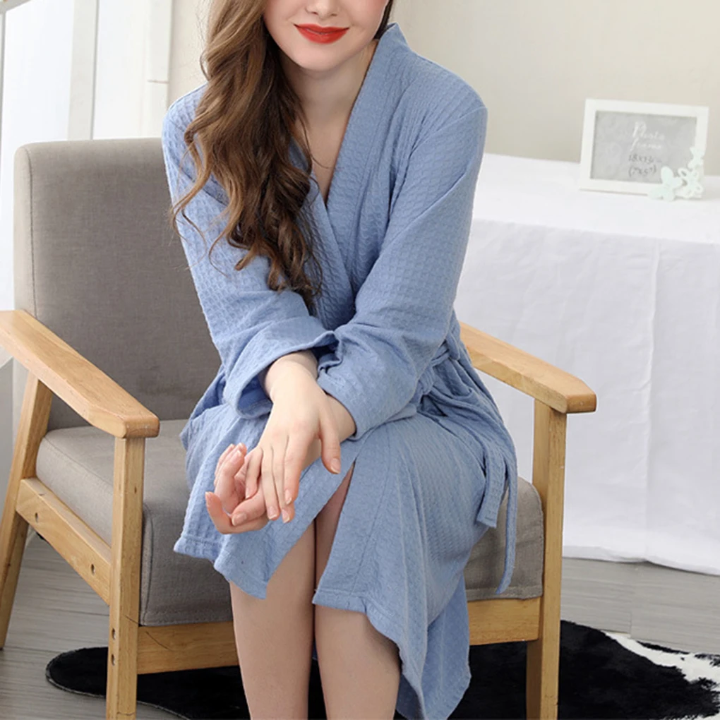 Women Water Absorption Bath Robe Solid Waffle Bathrobe Spa Home Dress Nightgown