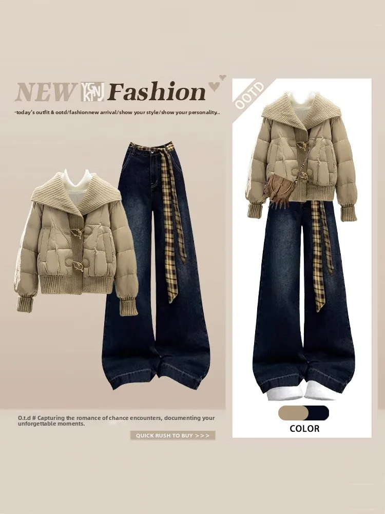 

Winter Cotton Jacket Knitted Collar Short Style Women's High Waist Wide Leg Jeans Two Piece Set Versatile Simple Outfit