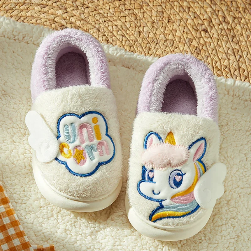 Winter Wrap Heels Kids Plush Slippers Cartoon Unicorn Children\'s Indoor Flip Flops Non-Slip Girls Boys Warm House Cotton Shoes