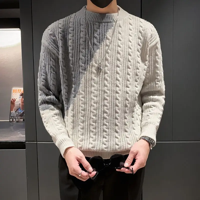 Autumn Winter Sweater Men\'s 2024 New Splicing Half High Collar Screw Thread Fashion Solid Slim Casual Knitted Long Sleeve Tops