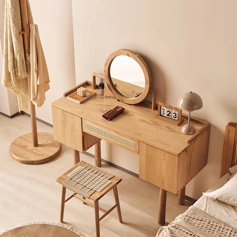 Retro Japanese Vine Weaving Dressing Table, Natural Wood Household, All Solid Wood, Simple Makeup Table, Modern Small Bedroom