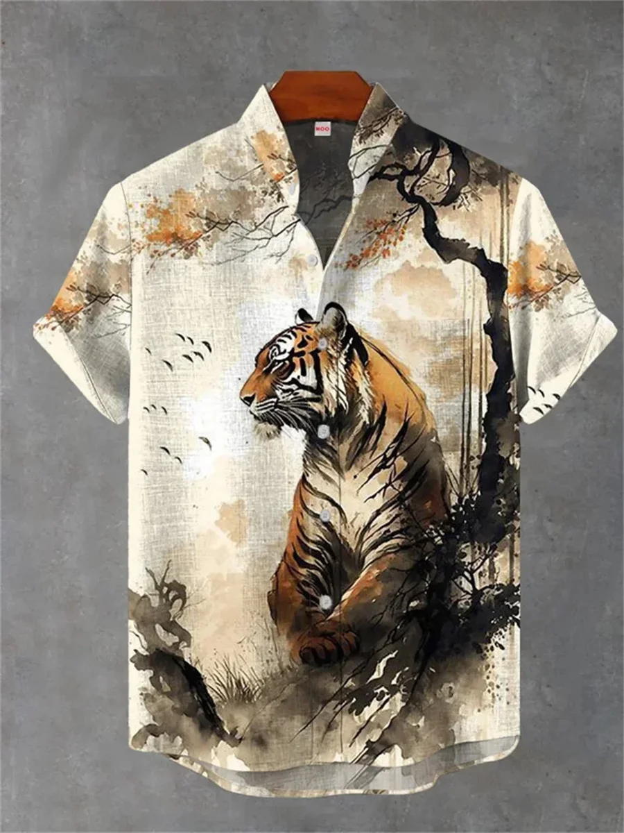 

Summer Fashion Men's Linen Short Sleeve Shirt Retro Animal Tiger Print Street Casual Daily Men's Shirt Tops Hawaiian Shirt Men