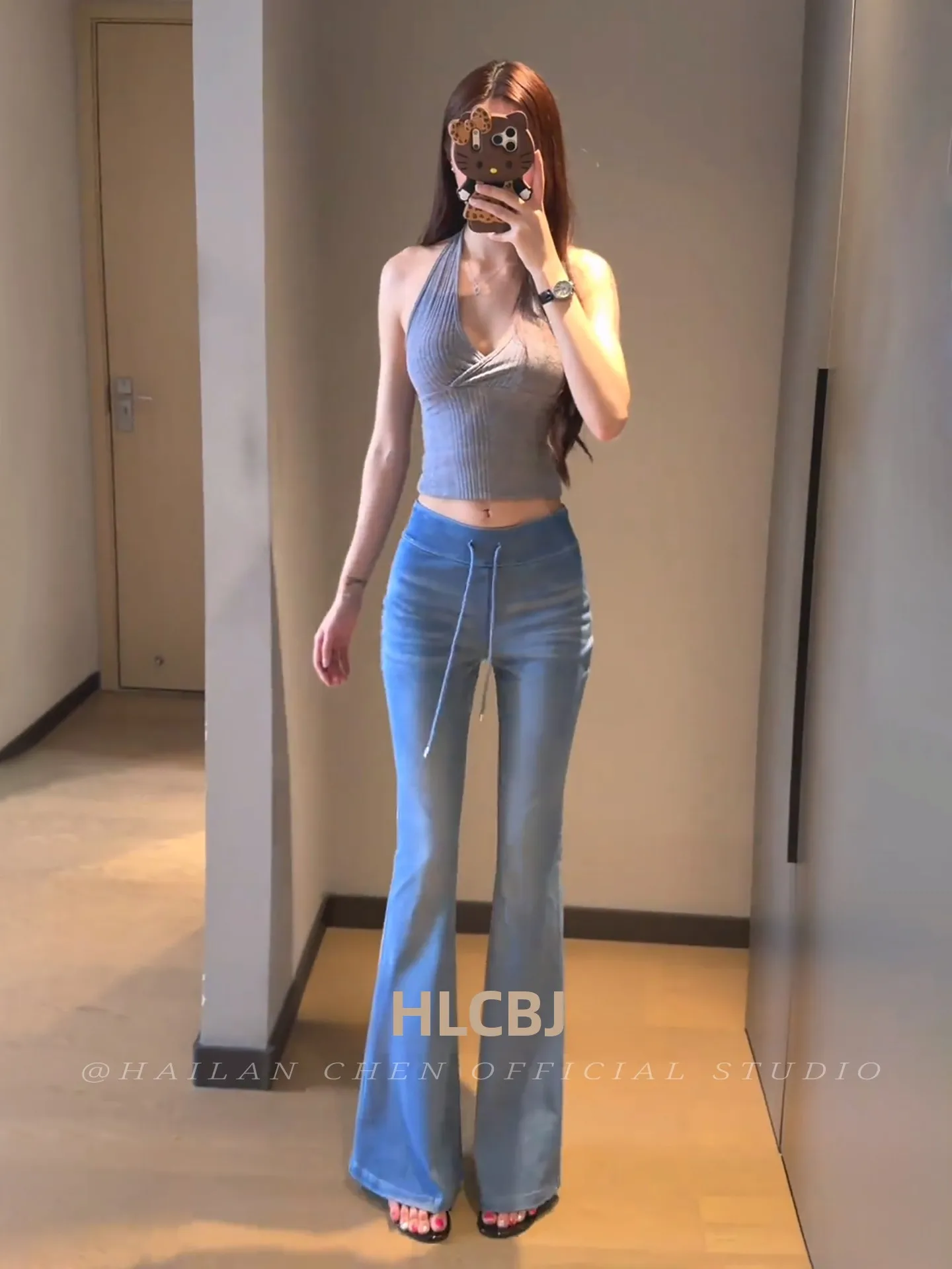 American Style Spicy Girl Lightweight Breathable Micro Flared Jeans Women's Drawstring Hip Enhancing Elastic Slimming Bell Bo...