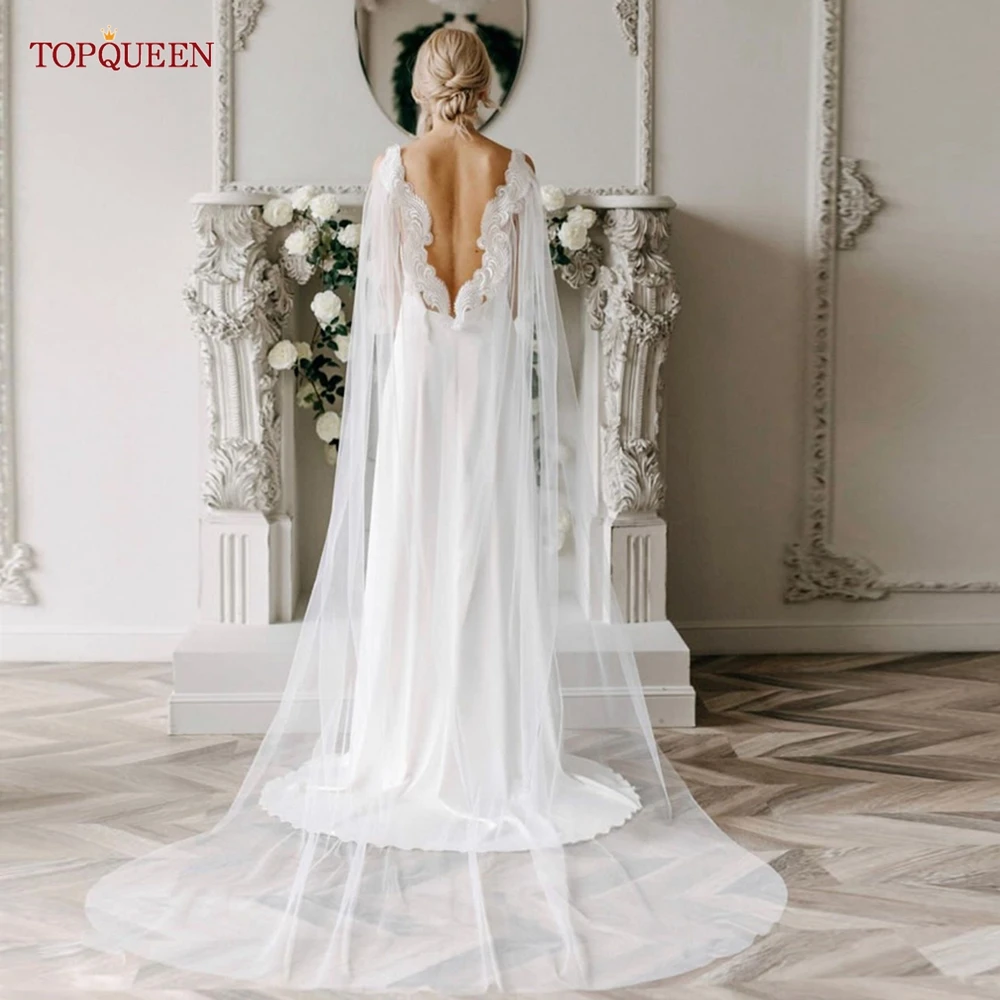 

TOPQUEEN VG85 Elegant Bolero Wedding Long Bridal Jacket Trailing Cape Veil Cathedral Length Bridal DIY Wrap with Beaded Pins