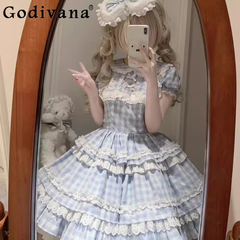 Vestido Original japonés suave para niñas, vestido a cuadros azul Kawaii OP, vestido ajustado de cintura alta para mujer, vestido de cumpleaños de Lolita diario, vestido Loli Lo Cos