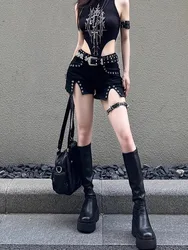 Summer Hot Girls Japanese Harajuku Punk Skull Low Waisted Lace-up Black Thin Slit Denim Shorts Goth Rock Revit Sexy Women Shorts