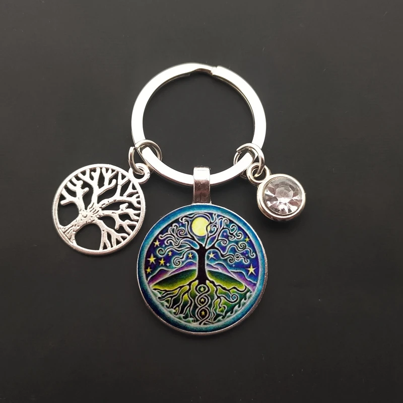 New round tree of life key chain crystal stone pendant key chain key ring car bag glass cabochon wholesale jewelry image 2