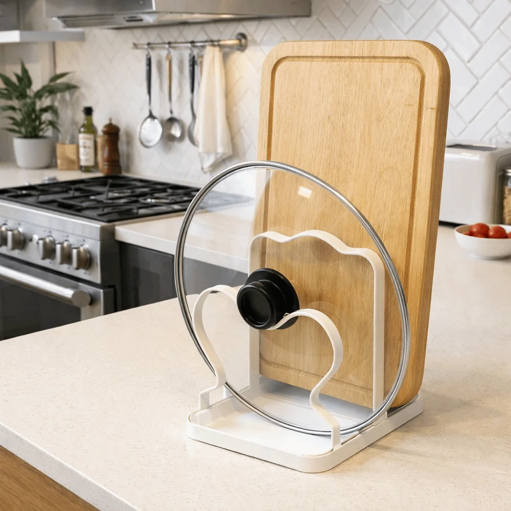 

No Drill Pot Lid Rack Space Saving Durable Pot Cover Shelf with Drainage Tray Anti-slip Cooking Utensil Holder Kitchen