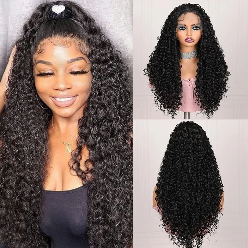 

Long Black 26“ 180Density Glueless Kinky Curly Lace Front Wig For Women BabyHair Soft Black Preplucked Heat Resistant Daily Wig