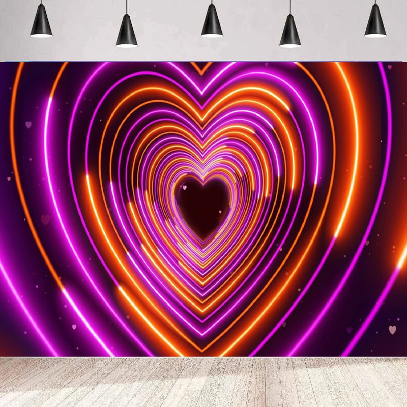 Heart Neon Tunnel Photography Background Glowing Abstract Purple Orange Heart Shape Glitter Party Backdrop Wall Banner Poster