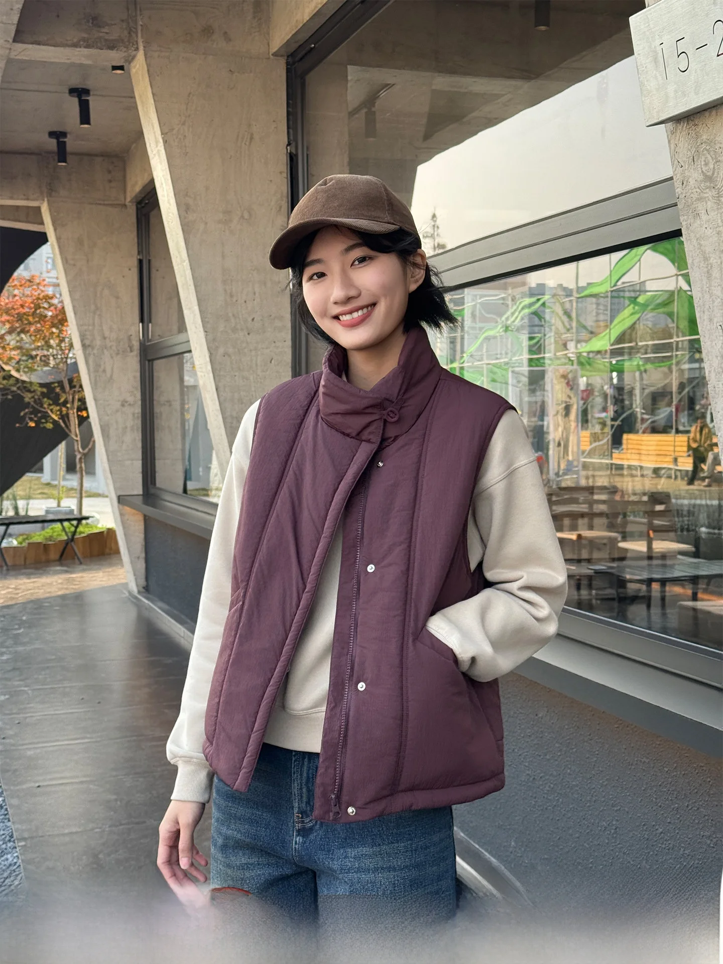 

Warmth Layered Cotton Vest Women's Outerwear Winter Wearable New 2026 Purple Langqing Tong Stand Collar Jaet Stand Fit