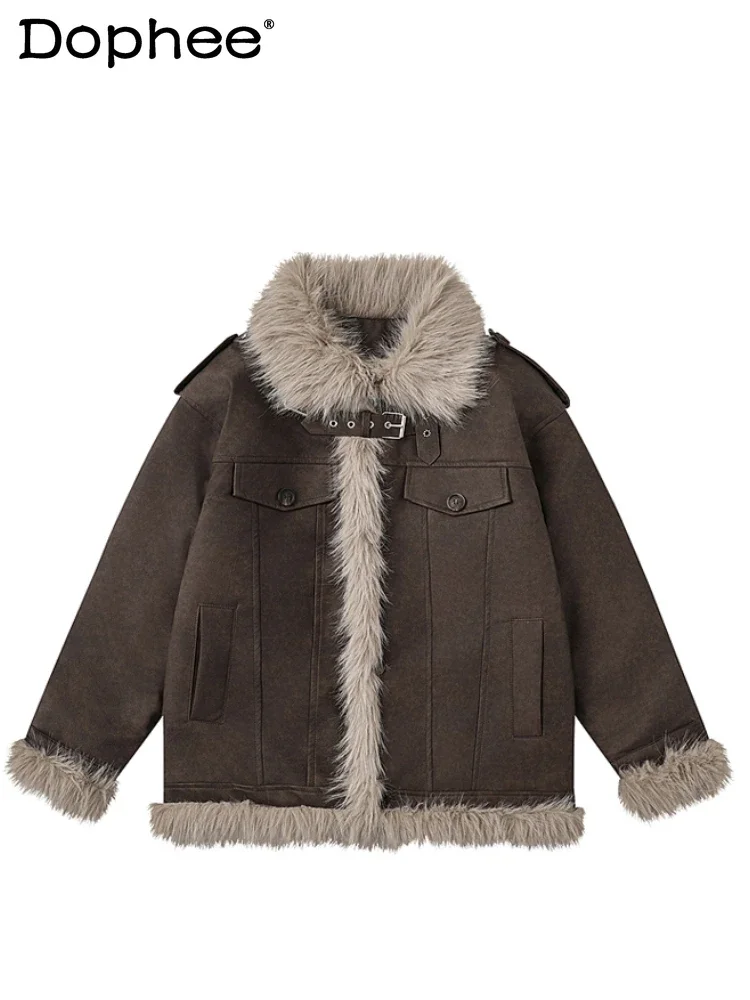 American Style Retro Fur Integrated Plush Cotton Clothes Men's 2024 Winter Faux Fur Parkas Trendy Male Warm Cotton-padded Tops