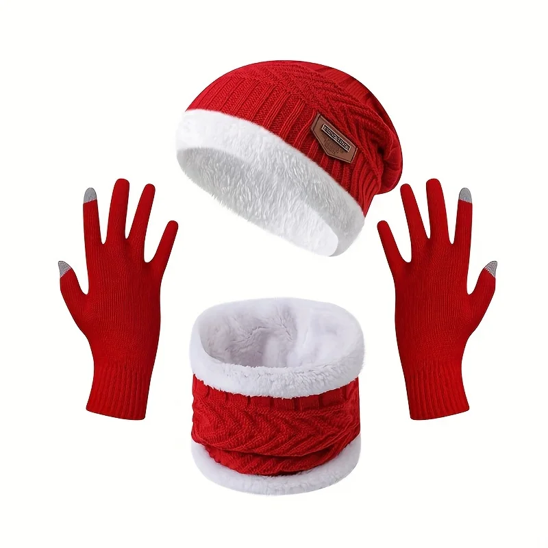 3pcs Christmas Atmosphere Gloves Hat Scarf Set Stylish Stretch Fleece Lined Infinity Scarf Knit Gloves Beanie Combination