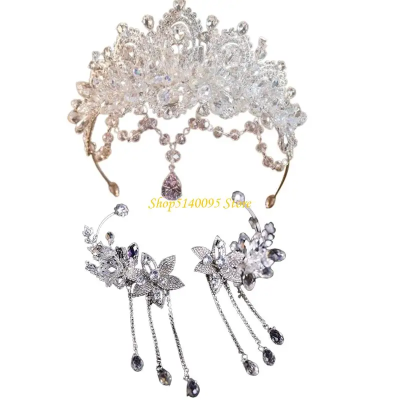 

DXAE Lightweight Rhinestones Wedding Crowns Set For Bride Including Matching Earrings And Headbands Bridal Headwear