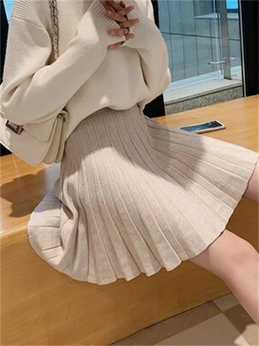 

Женская вязаная плиссированная юбка с высокой талией, осенне-зимняя, укороченная, без пояса, подчеркивающая красоту ног, дизайн Ele Design