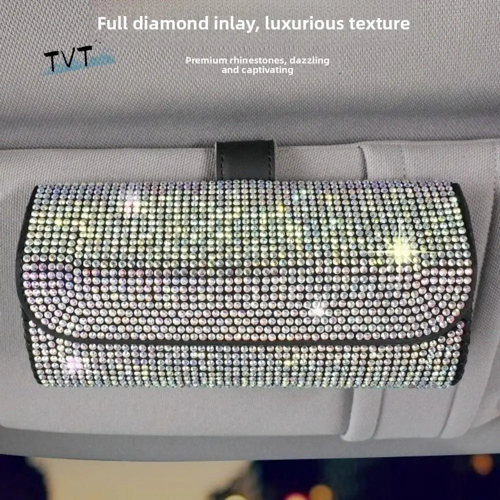 

Bling Sun Visor Glasses Case Luxury PU Leather Car Eyeglasses Holder Rhinestone Crystal Sunglasses Storage Box for Women