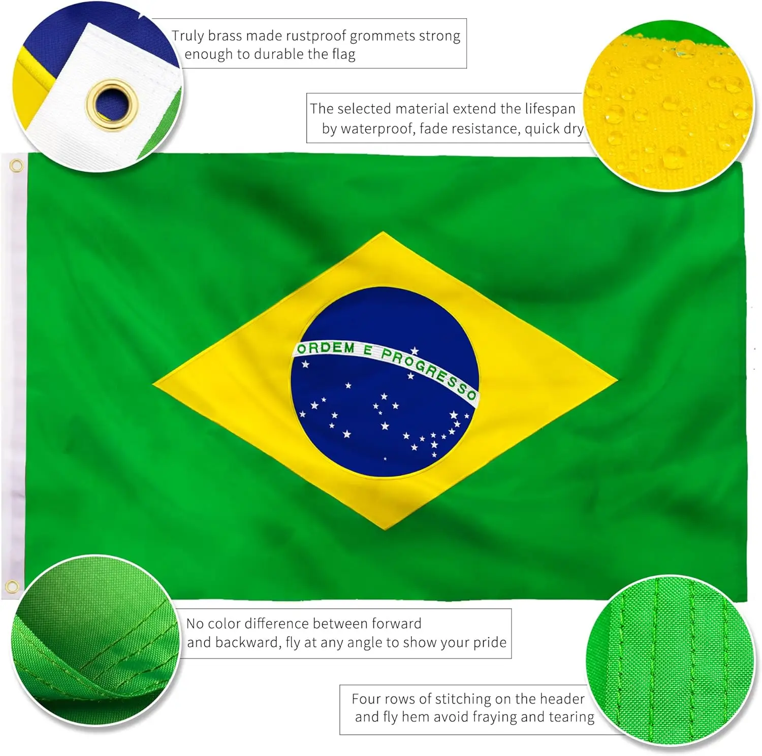 3x5Ft 90×150CM Embroidered Brazil Flag Premium Nylon Outdoor Double Sided Heavy Duty Brazilian National Country Flags
