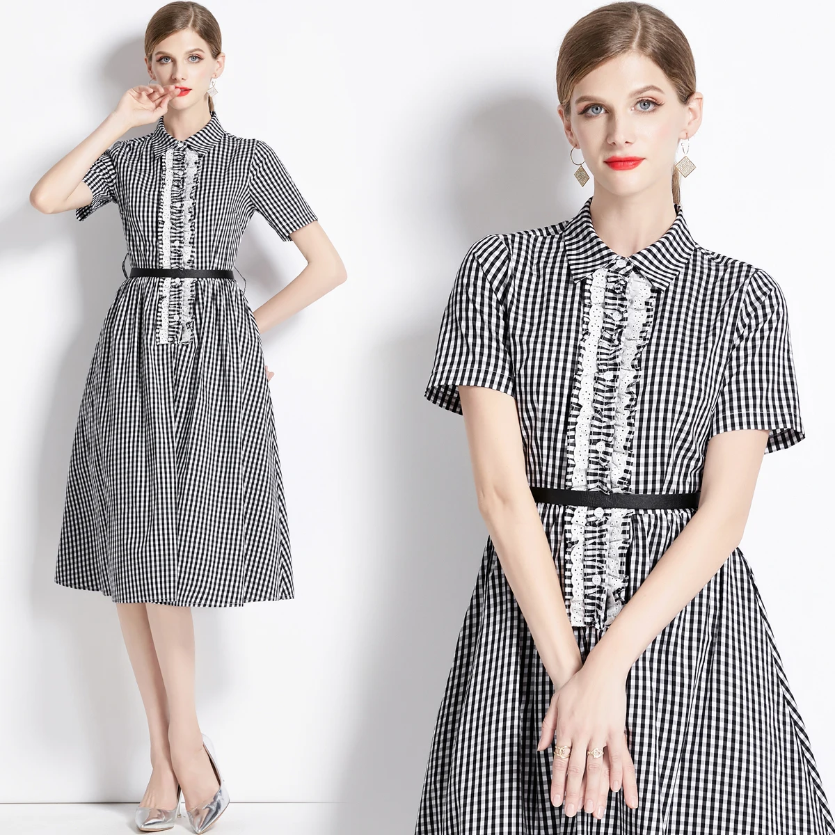 

High Quality Summer Women Plaid Ruffles Turn Down Collar Short SLeeve Belt Sweet Casual Office Holiday Fashion Vintage Dresses