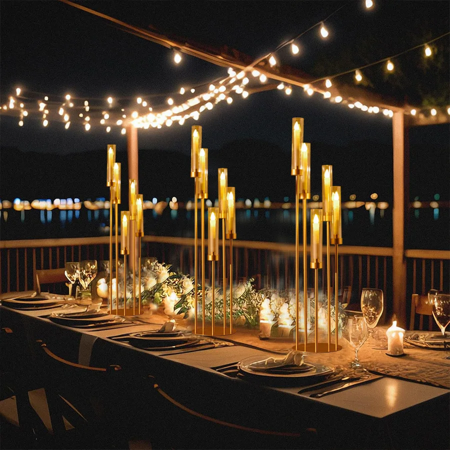 Gold Floor Candelabra 5 Arm Tall Candle Holder with Acrylic Lampshade for Wedding Table Birthday Party Decoration 10PCS view 8