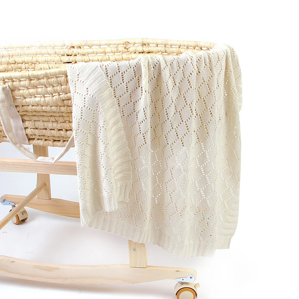 Infant Blanket Soft Knit Hollowed Pattern Portable Warm Cover for Baby Stroller Bed Use All Season White Baby Blanket