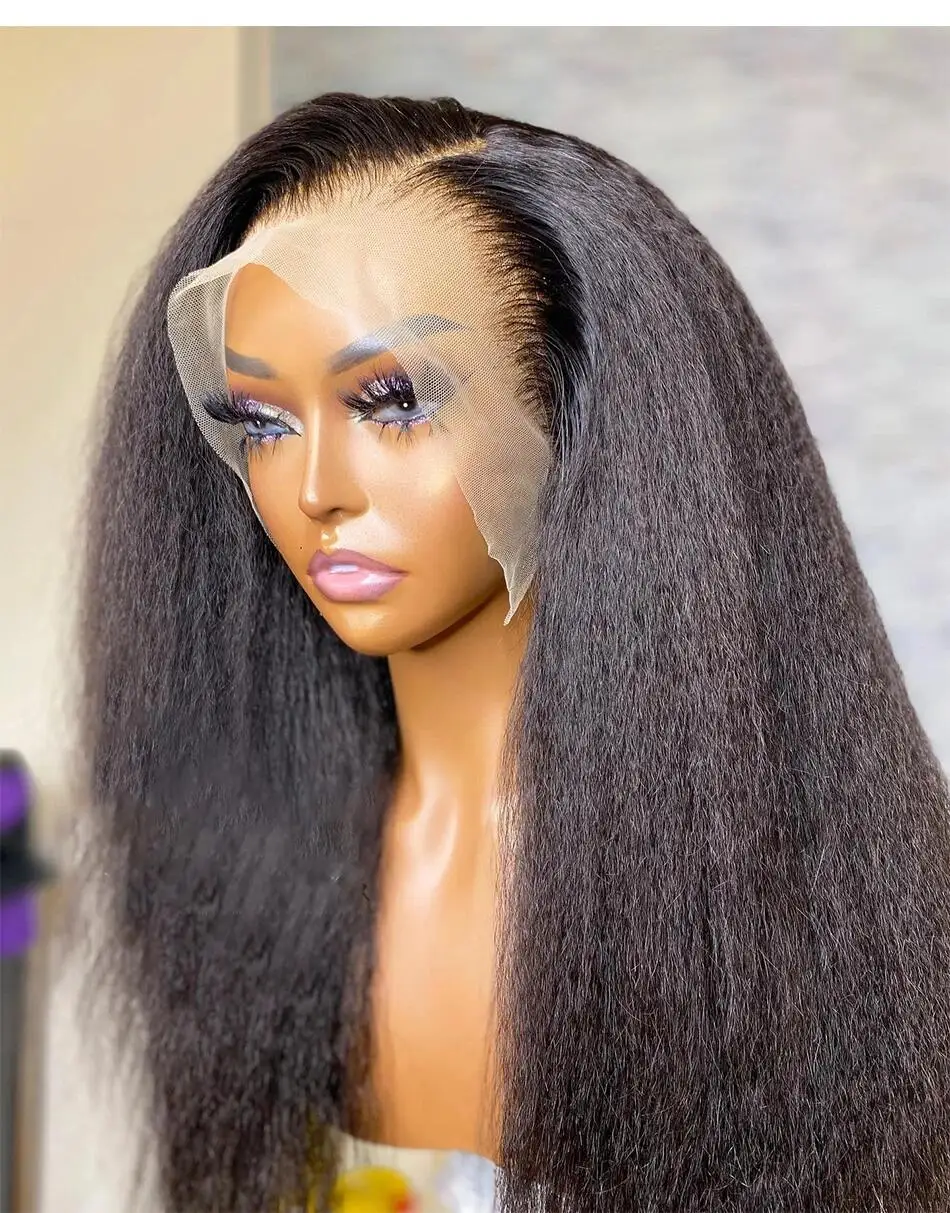 부드러운 180 밀도 26 인치 천연 블랙 킨키 스트레이트 롱 글루리스 딥 레이스 프론트 가발 여성용 베이비 헤어 Preplucked Daily