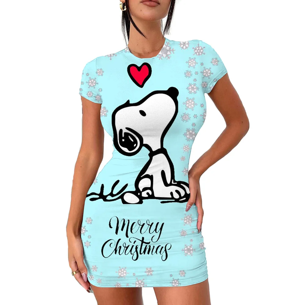 

Snoopy Sexy Slim Fit Dress Round Neck Short Sleeve Tight Wrap Hip Dress Long Spicy Girl Beach Vacation